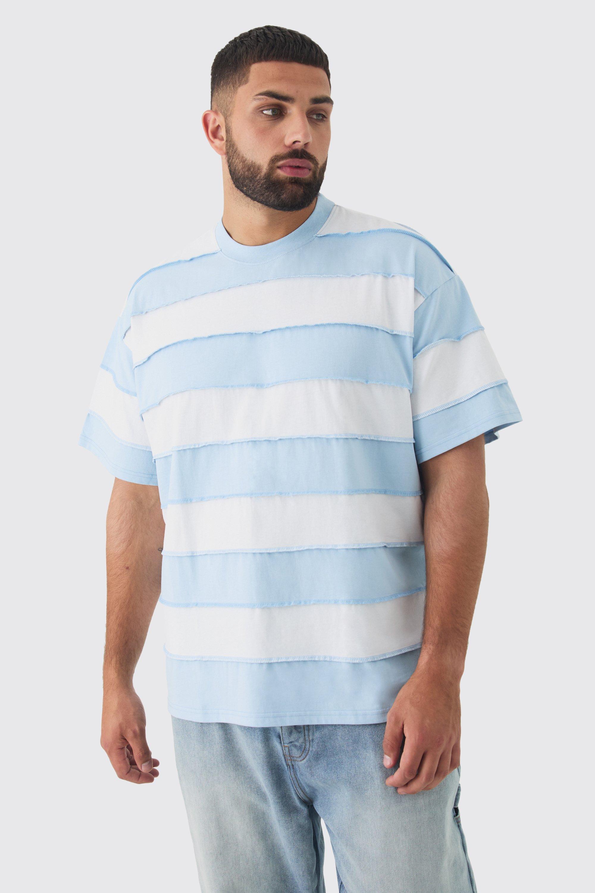 Mens Blue Plus Oversized Stripe Raw Seam T-shirt, Blue